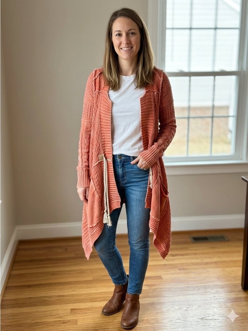 Free People Coral Knit Open-Front Duster Cardigan with Tassel Tie